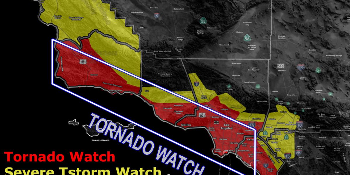 Weather Warning Tornado and Severe Thunderstorm Watch for Inland Southern California